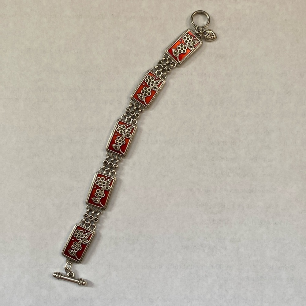 Brighton Gloria Red Enamel Marcasite Flower Panel toggle clasp Bracelet